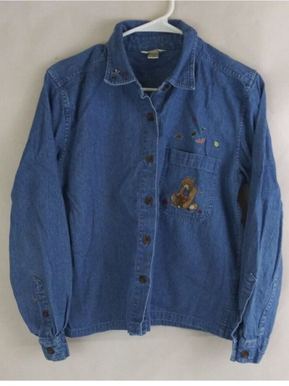 Christopher & Banks Women's Denim Shirt With Fall Teddy Bear Design Size Medium